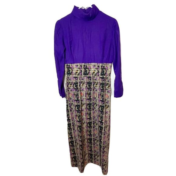 Vintage Womens Long Sleeve Turtle Neck Maxi Dress Purple M Handmade Zip 60s 70s - Picture 1 of 9